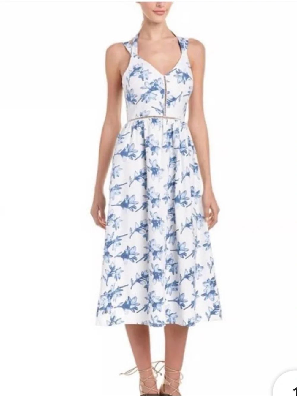 JOA Womens Linen Flower Print Midi Dress W/Ribbon Trap Detail Women’s Size MED